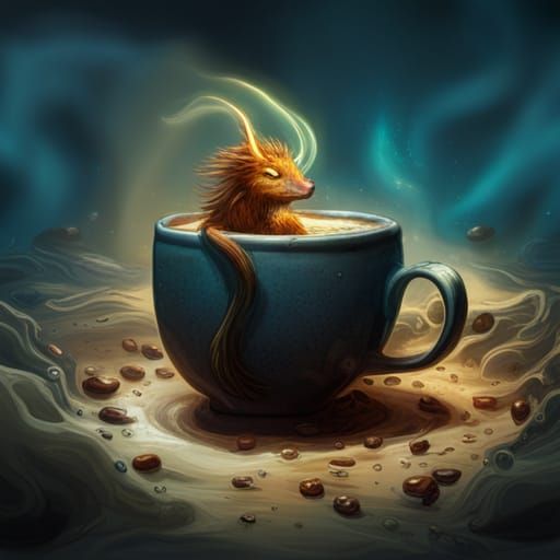 Furry Creature Enjoys Coffee Bath: Detailed Digital Art