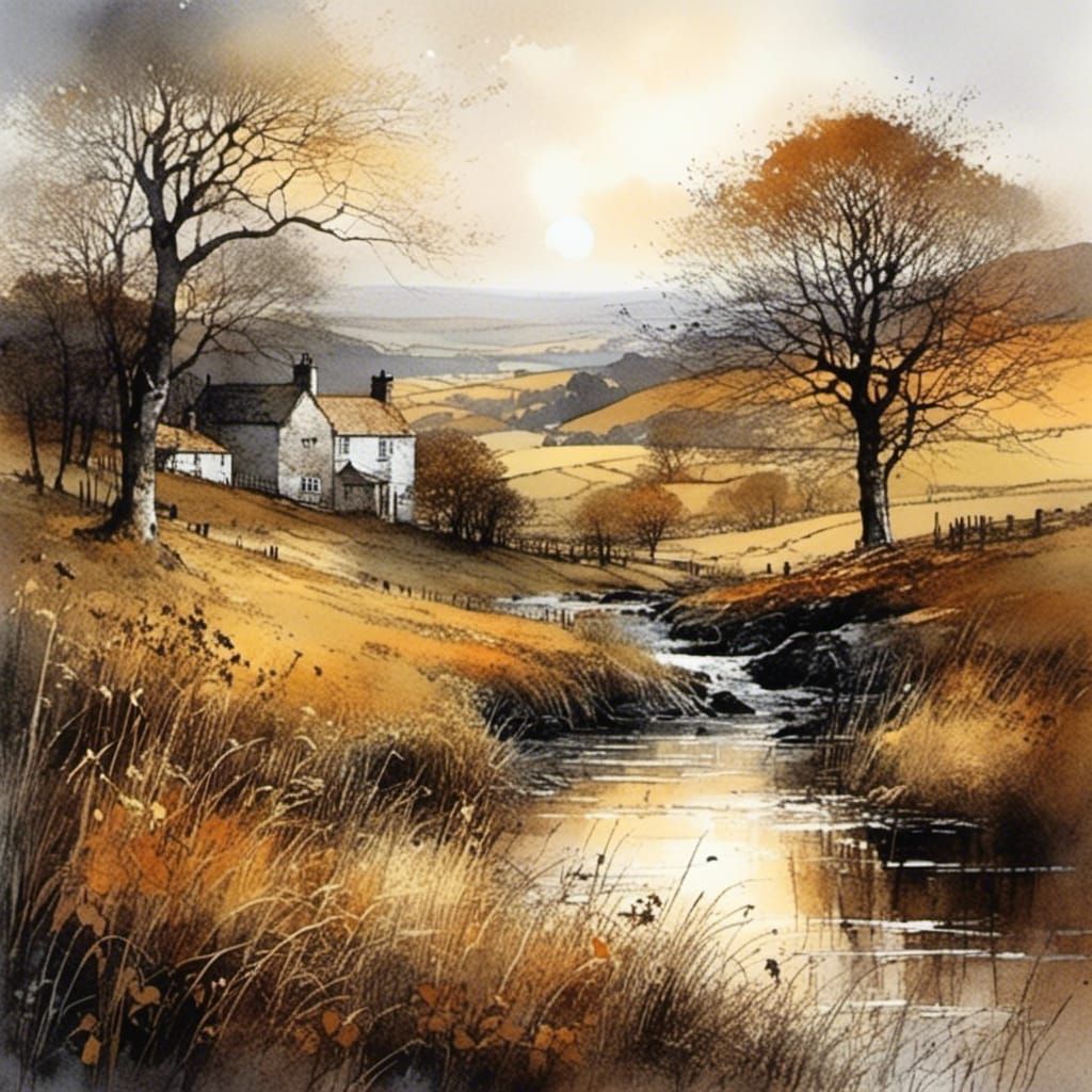 Scottish Autumn Landscape in Watercolor Style