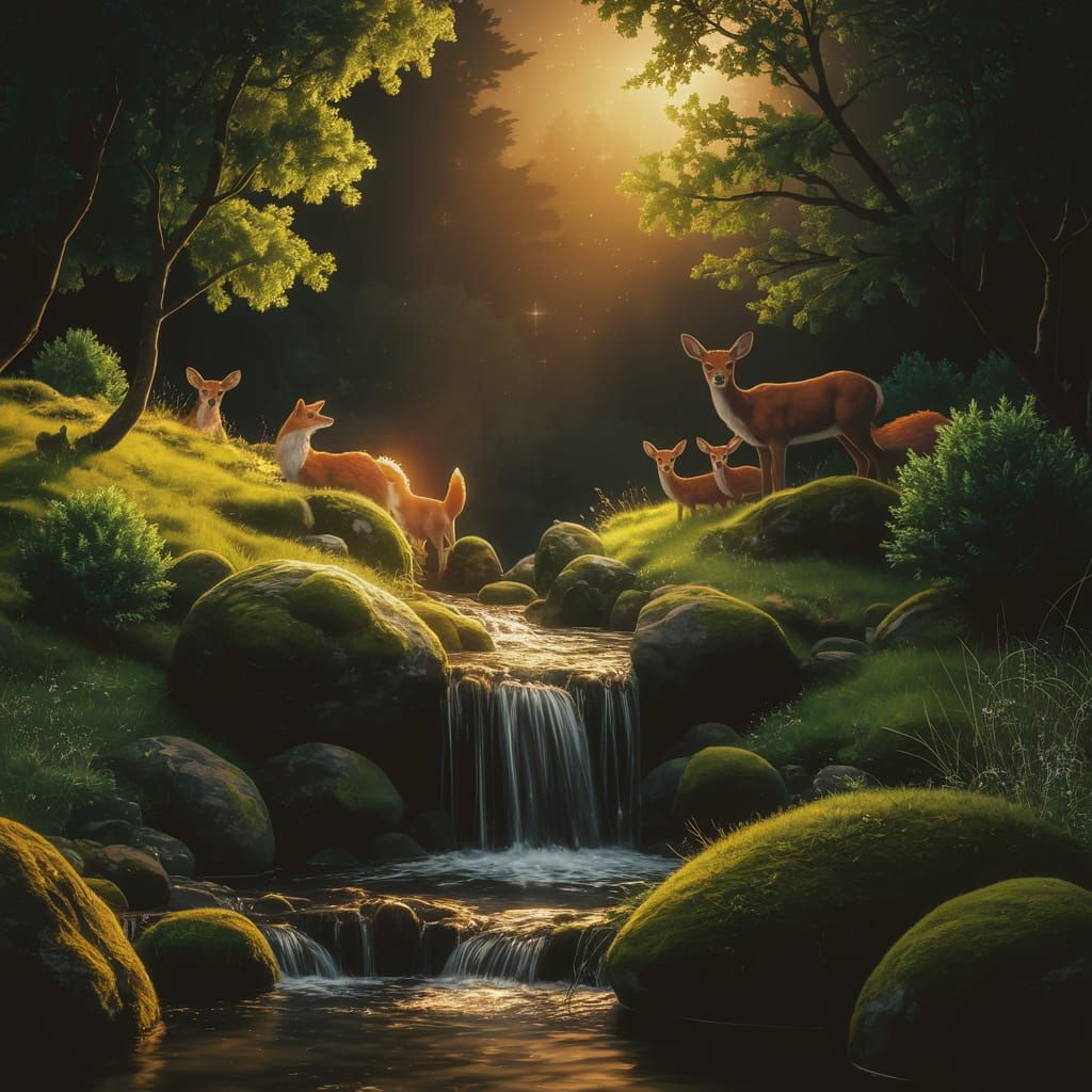 Enchanted Forest Scene with Waterfall and Wildlife