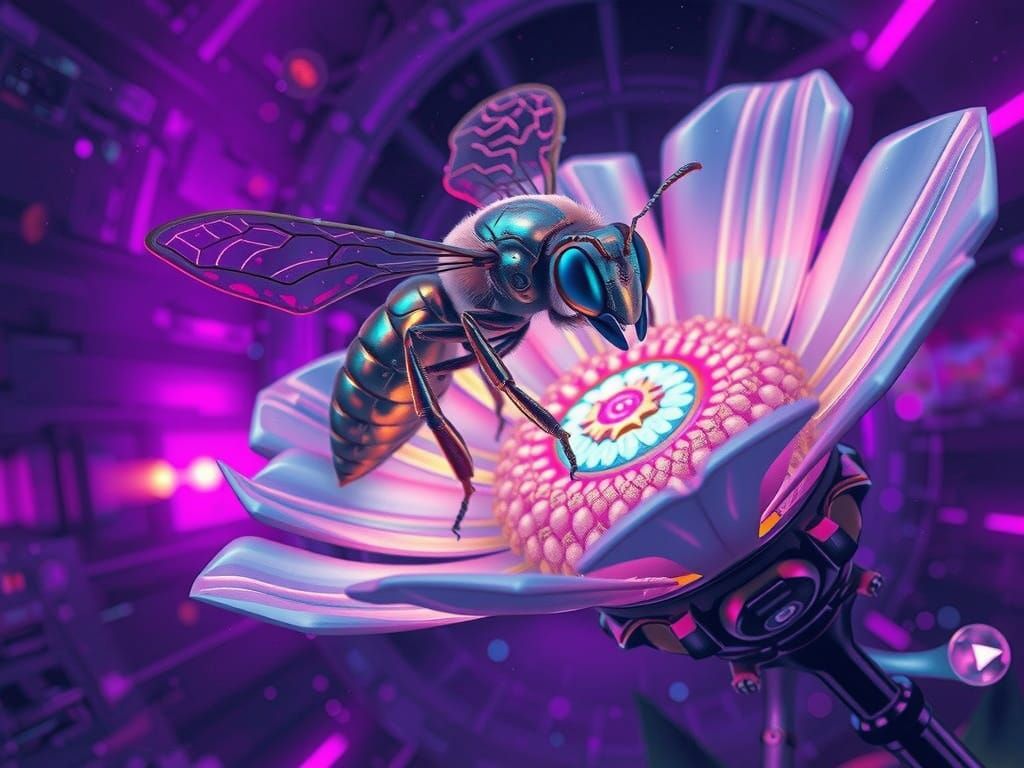 Glowing Biomechanical Bee in Vibrant, Dreamlike Futuristic L...