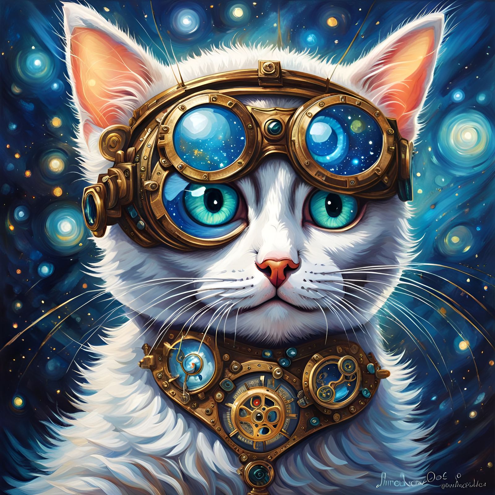 Steampunk Kitten Jumps in Folk Art Style