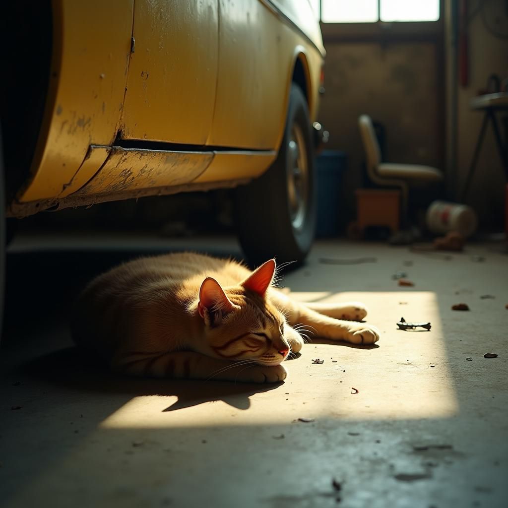 Sleeping Cat in Garage, Cinematic Lighting
