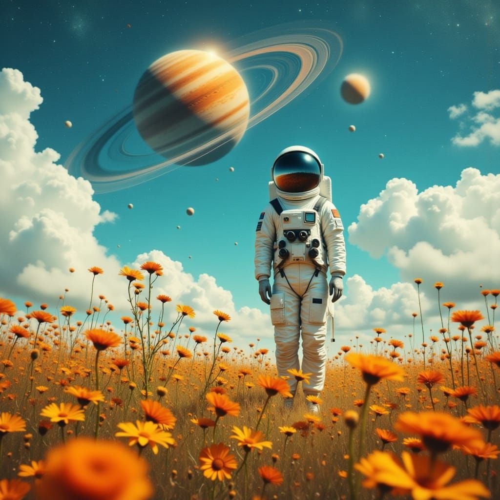 Astronaut in Wildflower Meadow Under Saturn's Gaze