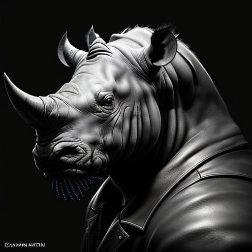 Hyper Realistic Rhino Portrait in Dark Grey Fade to Black