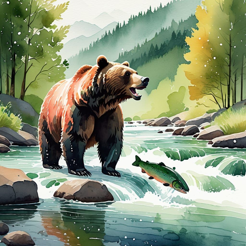 Bear and Salmon Play in Sunny River, Watercolor Style