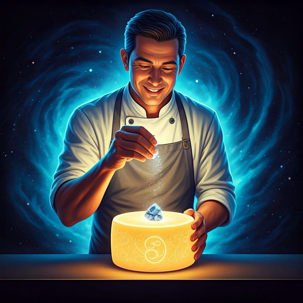 Chef Sprinkling Moonstone Dust on Cosmic Cheese