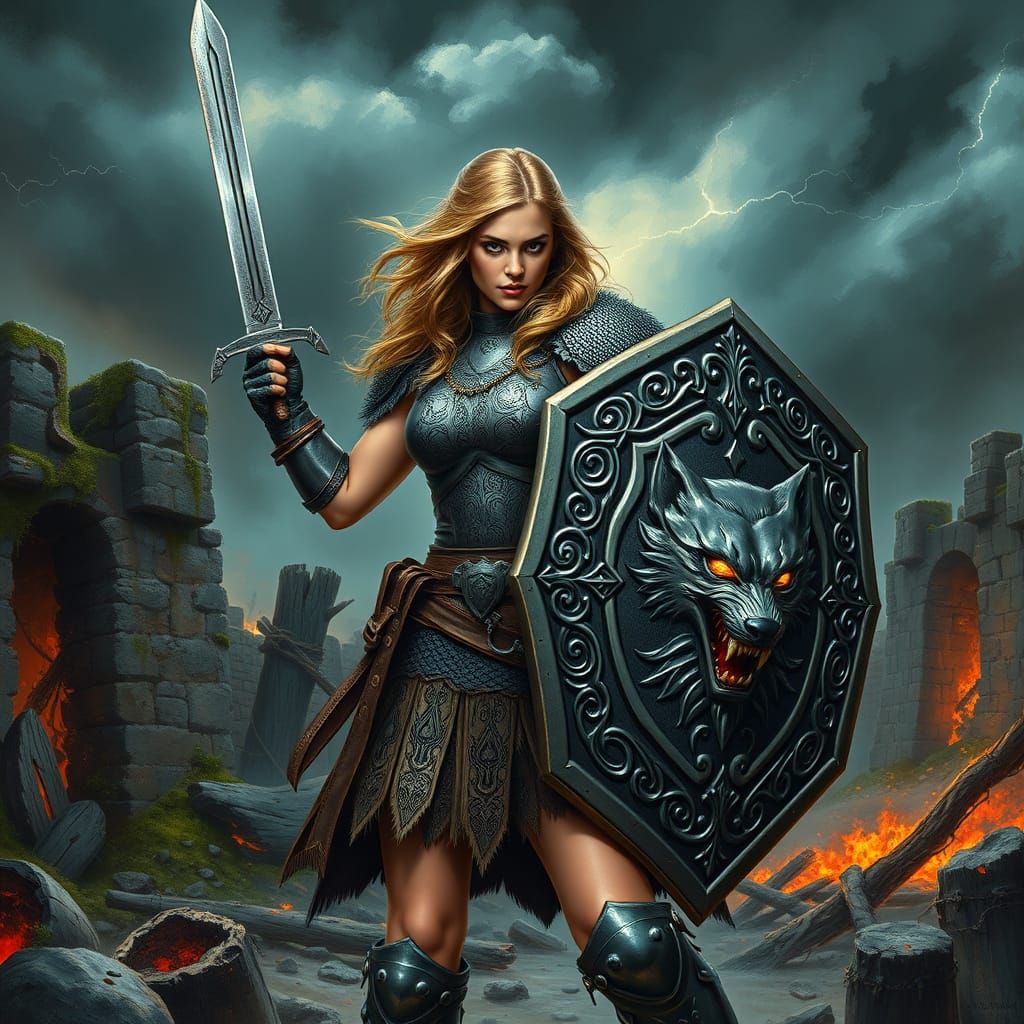 Shieldmaiden Warrior in Norse Armor, Wielding Sword and Shie...