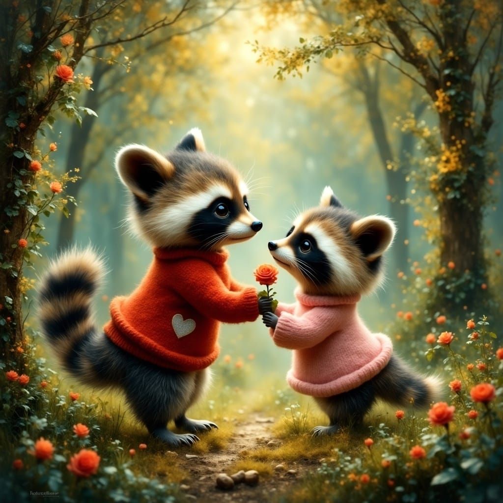Whimsical Raccoon Sisters Share a Rose in a Dreamlike Forest