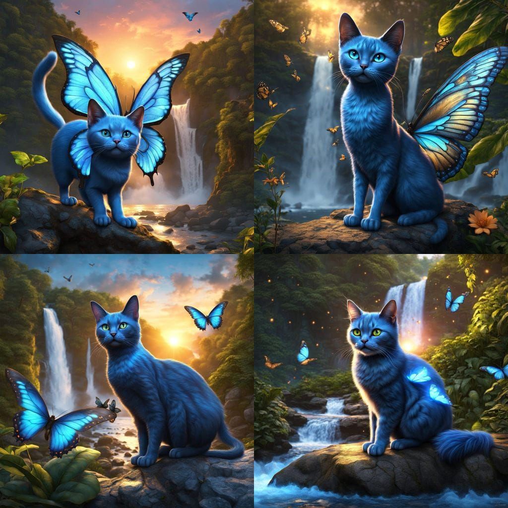 Blue Cat with Firefly Wings and Butterflies