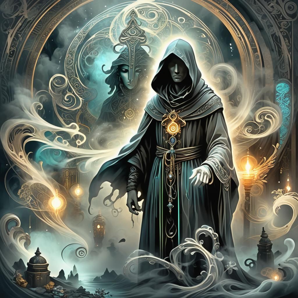 Mystical Hooded Figure in Ethereal Digital Art