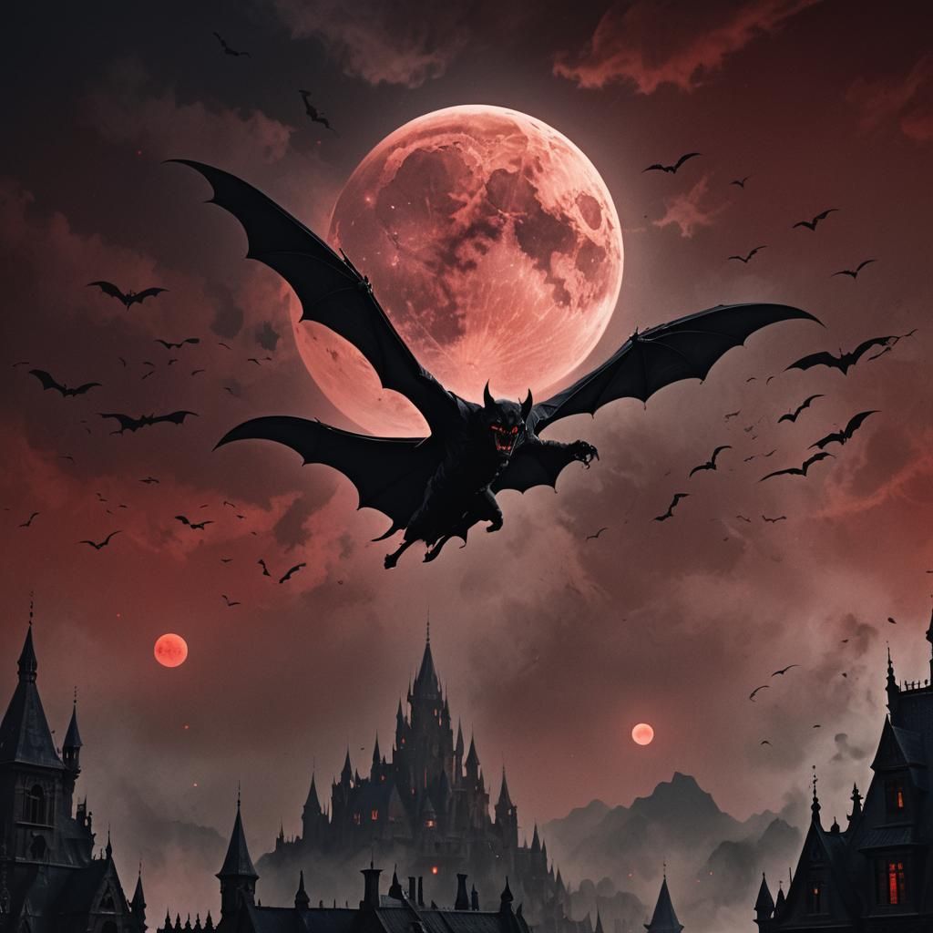 Vampire Silhouette Soaring Across the Red Moon