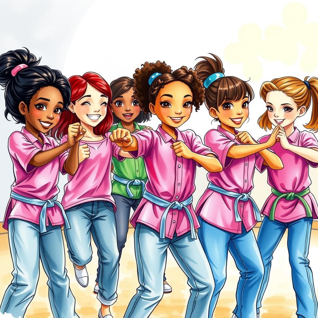 Joyful Self-Defense Class: Watercolor Illustration of Divers...