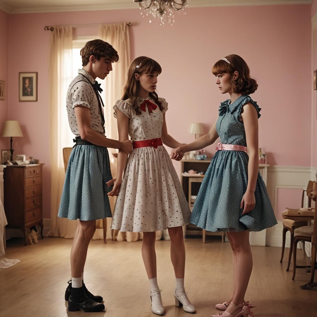 Teenage Girl Adjusts Ribbon on Crossdressing Boy, Cinematic