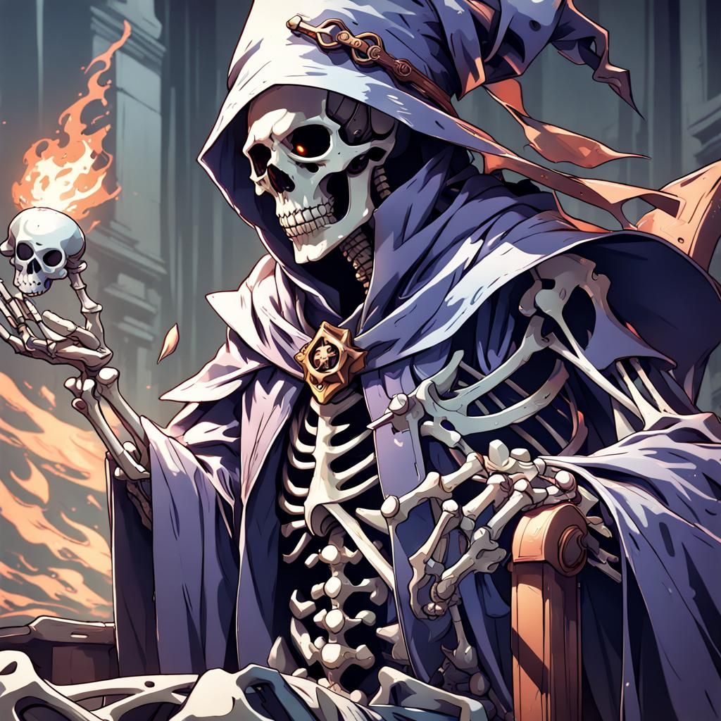Skeleton Mage in Anime Style, Cel-Shaded Art
