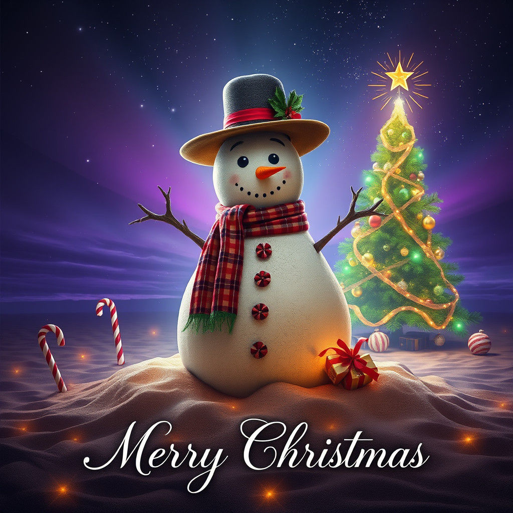 Sand Snowman Christmas Scene in Greg Rutkowski Concept Art
