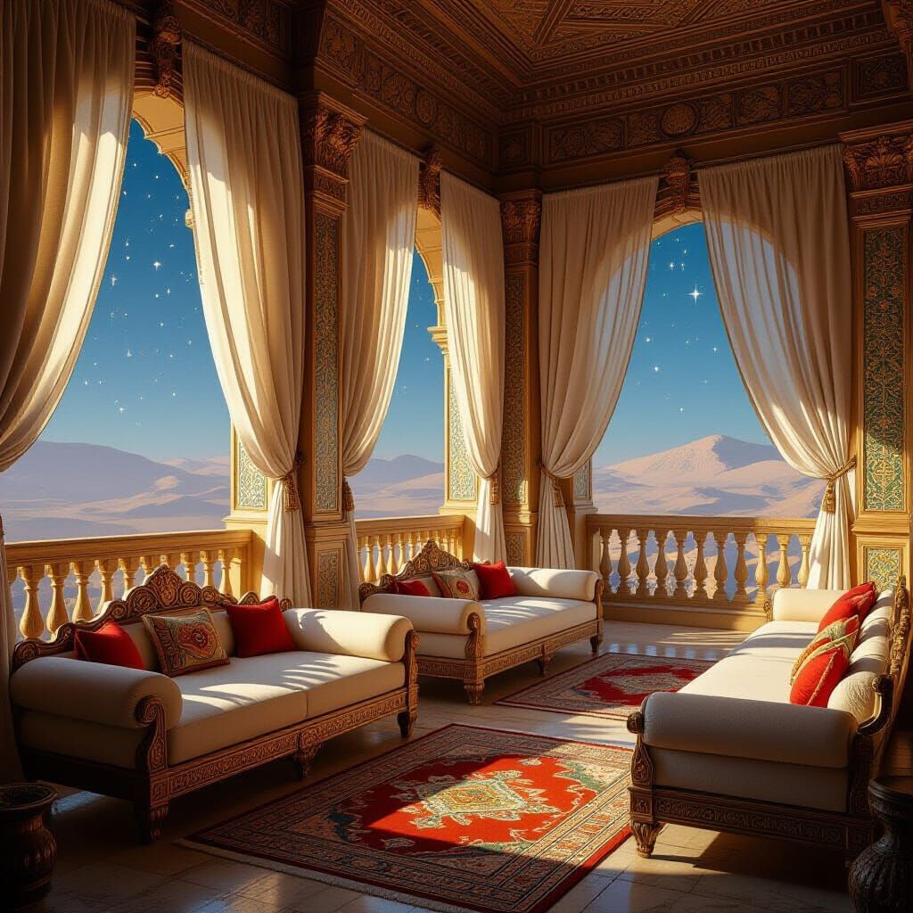 Ornate Assyrian Palace Room with Balcony Under Stars