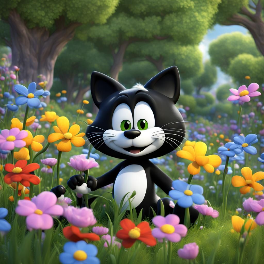 Felix the Cat Surrounded by Spring Flowers