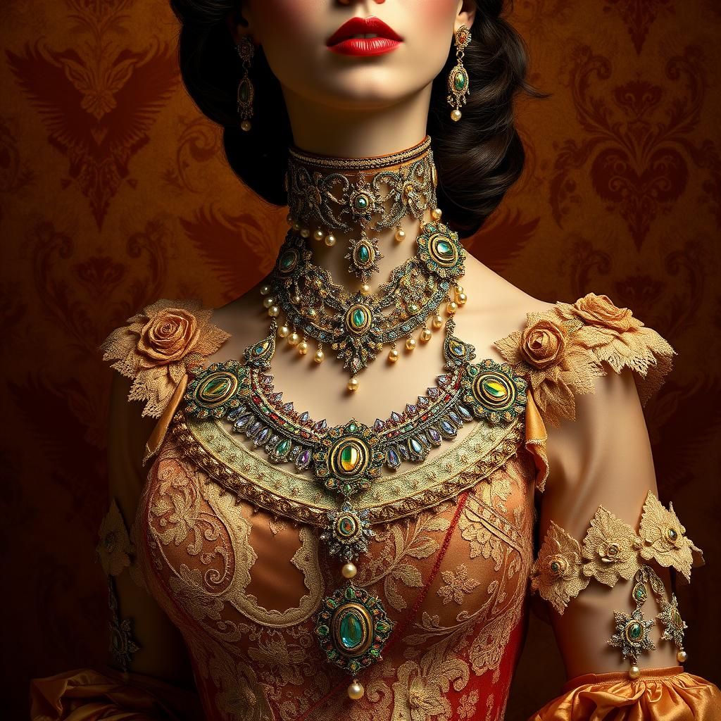 Ornate Jewelry on Elaborate Costume in Art Nouveau Style