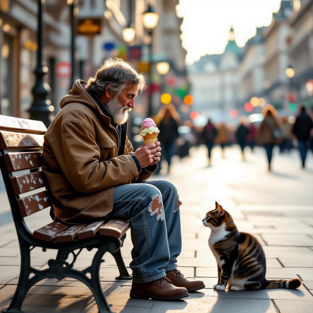 Man Shares Ice Cream With Cat in Gritty Urban Square