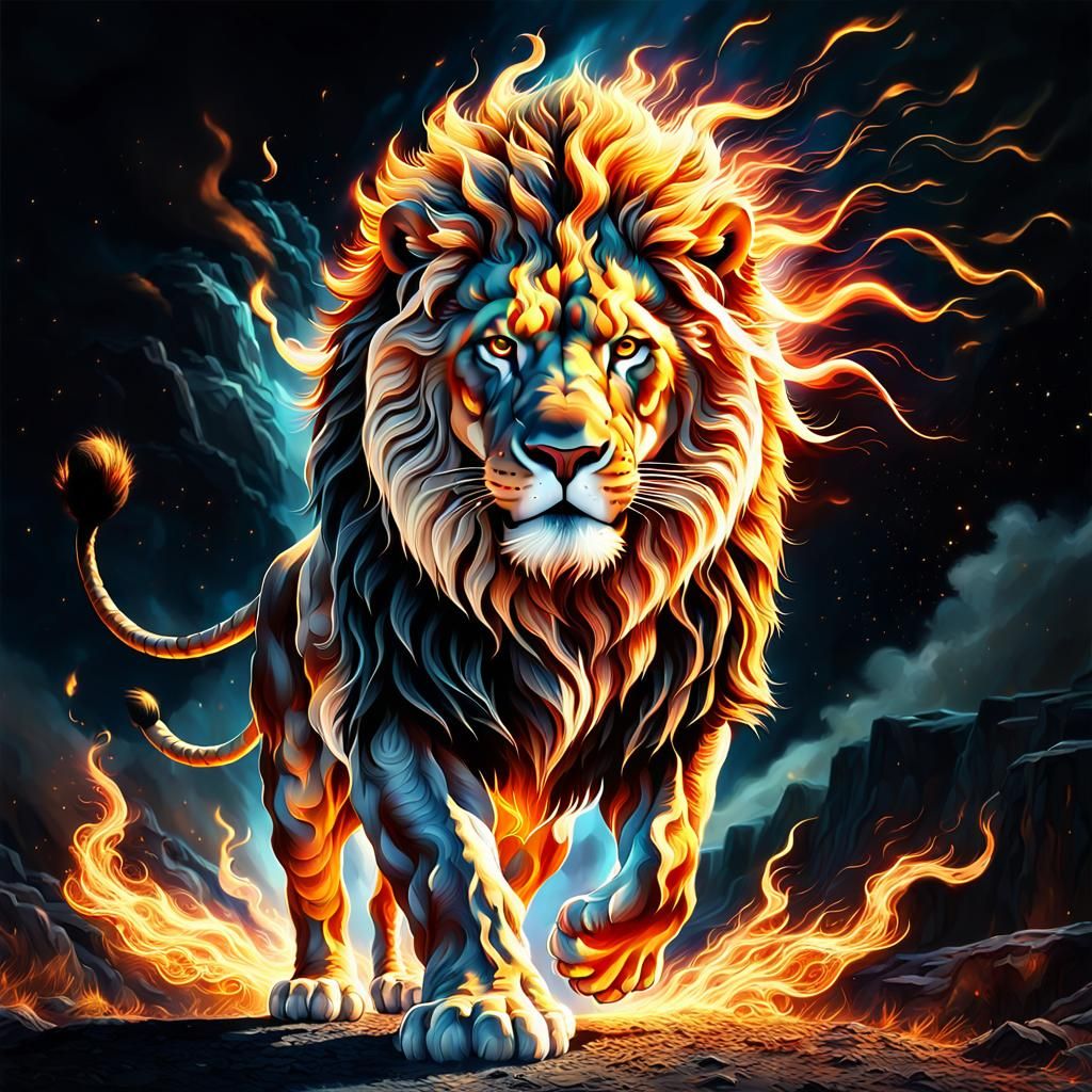 Fiery Lion in a Magical Night Landscape