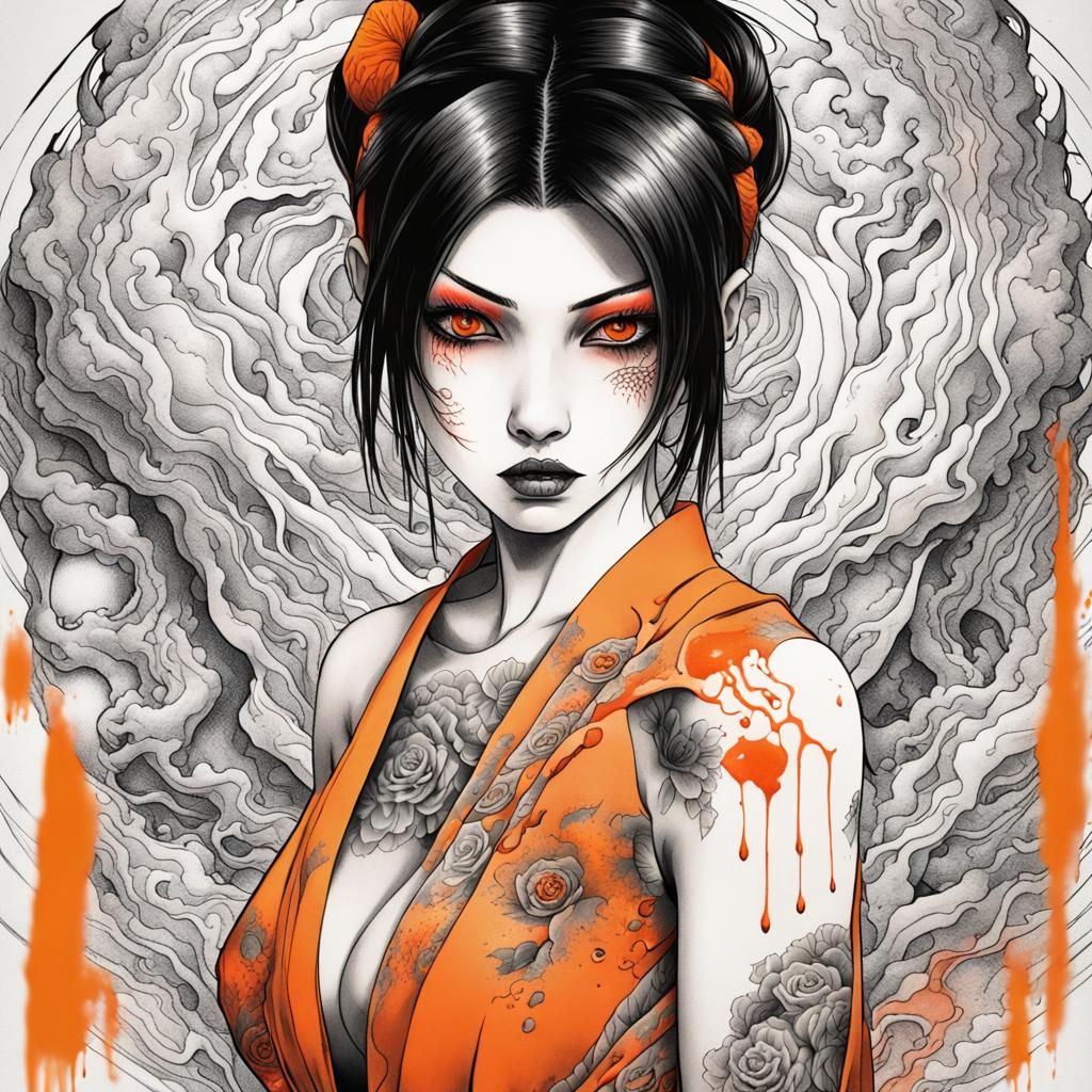 Terrifying Manga Tattoo of a Gorgeous Orange Lady