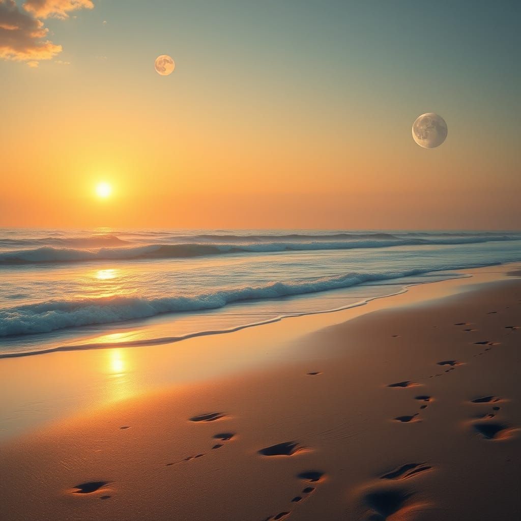 Majestic Nature Landscape with Golden Sun and Gentle Moon