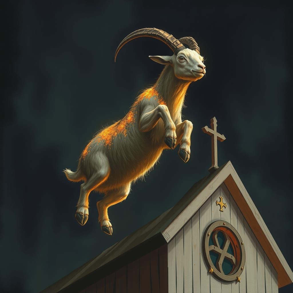 Glittering Goat Perched Above Withered Chapel