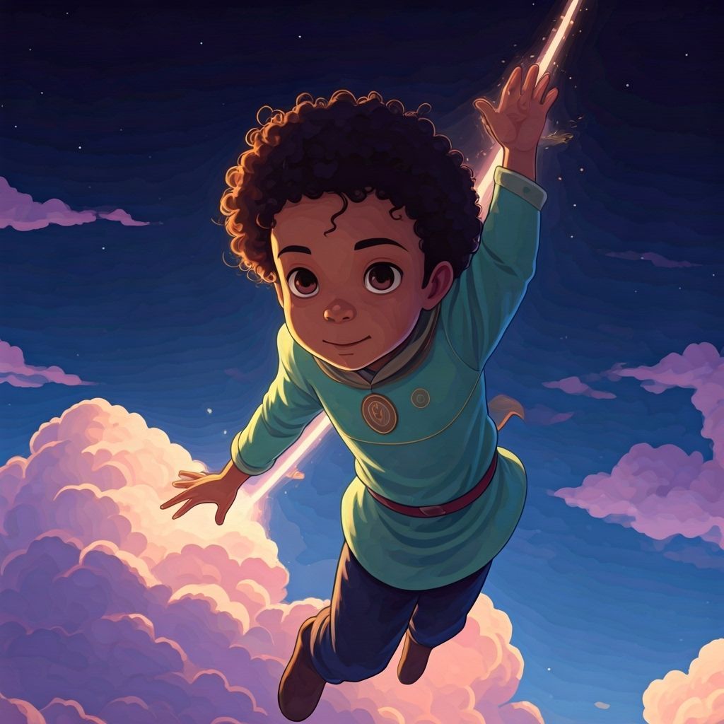 Cute Child Flying in Clouds, Manga Style