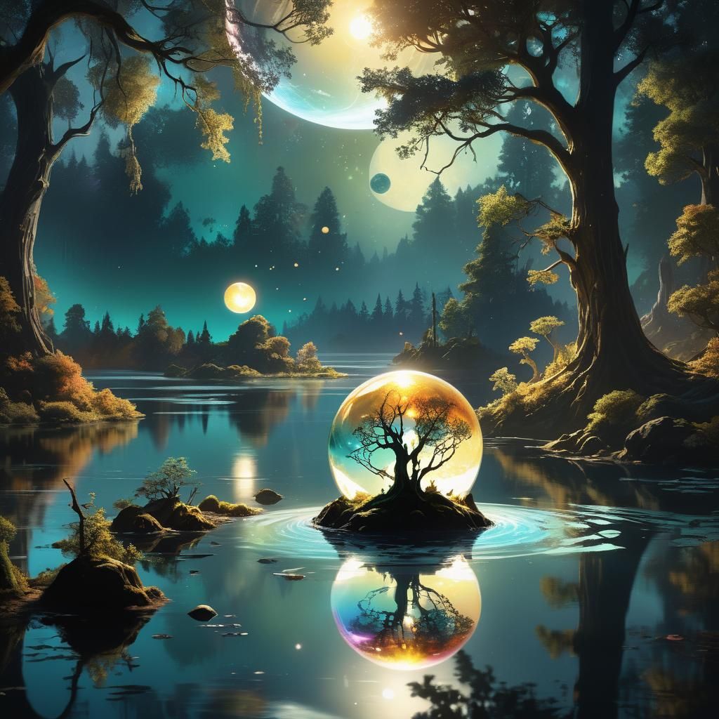Mystical Figure Holding Glowing Orb in Lake