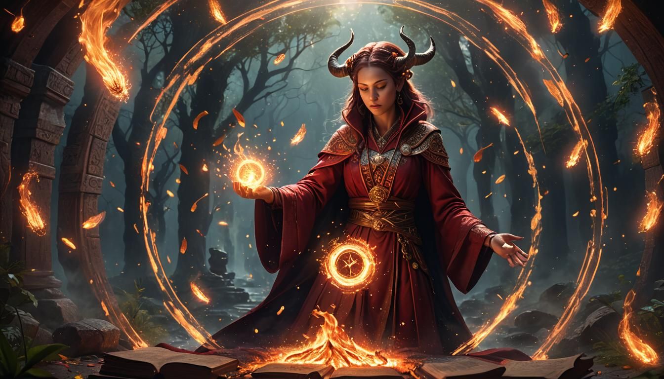 Mystical Aries Mage Casting Fire Spell in Fantasy Art