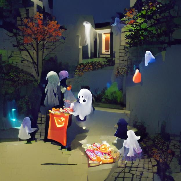 Cute Ghost Trick-or-Treating on Halloween Night