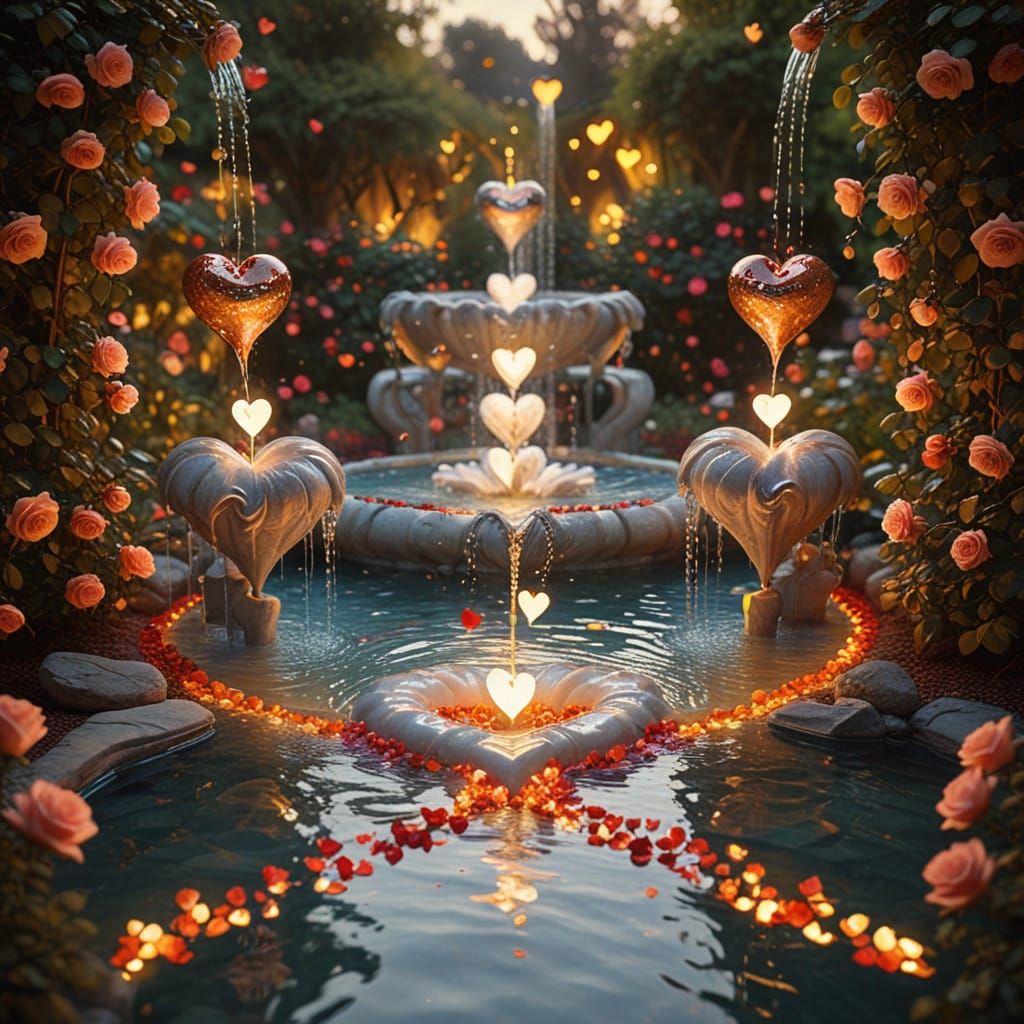 Surreal Heart Fountains in Ethereal Garden