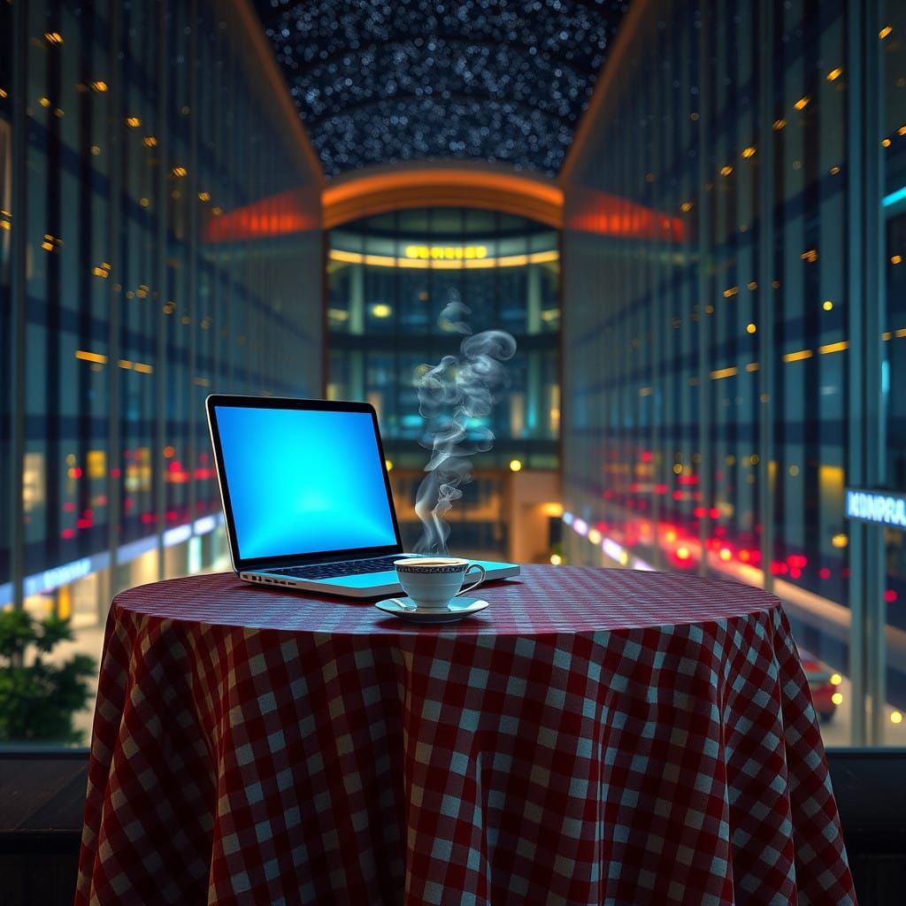 Surreal Nighttime Study in a Modern Atrium with a Glimmering...