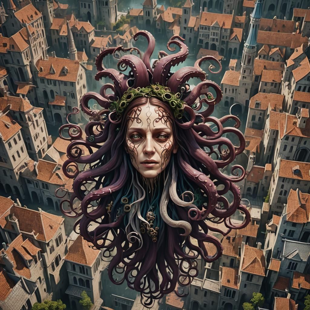 Surreal Flying Head over Medieval City, Dark Fantasy Art