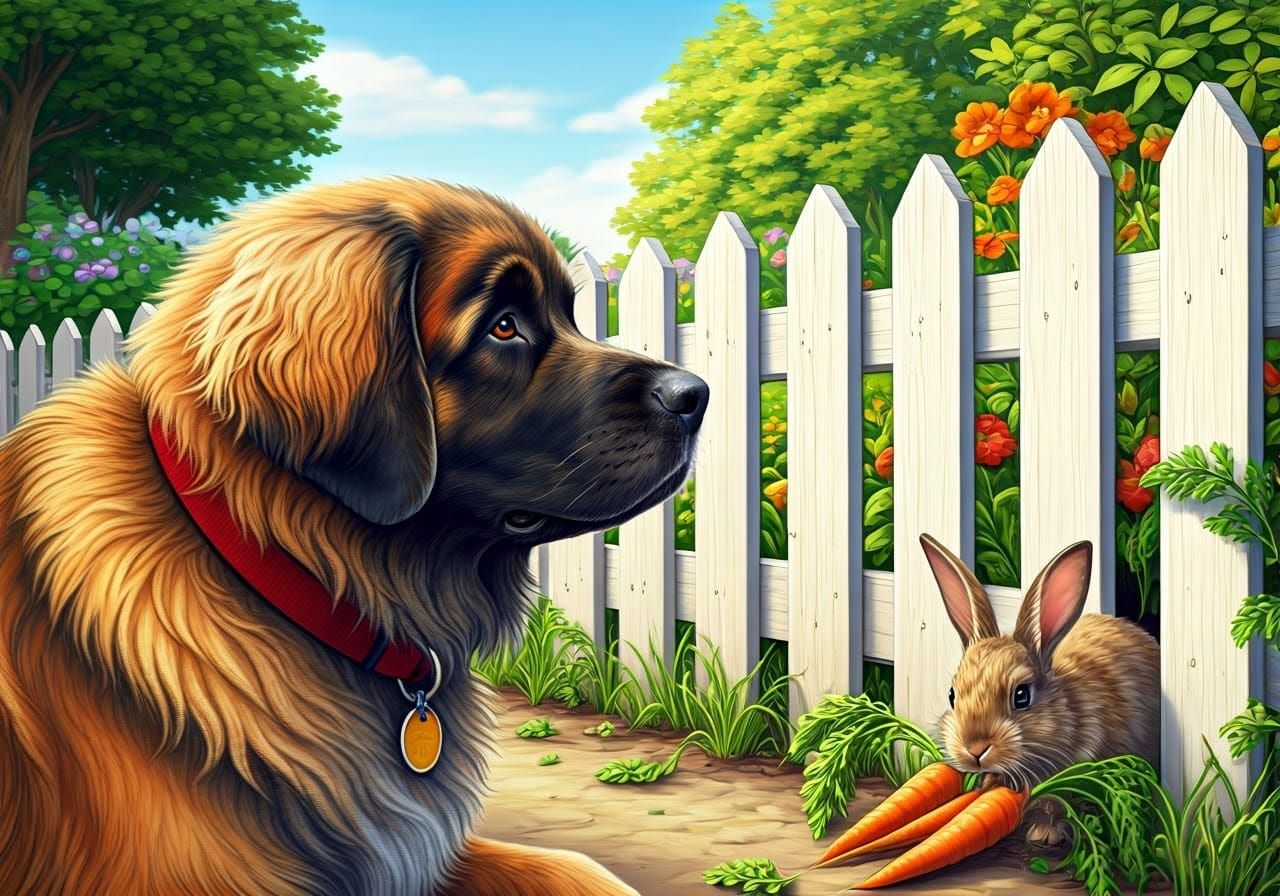 Leonberger Dog Watches Curious Rabbit Steal Carrots in Garde...