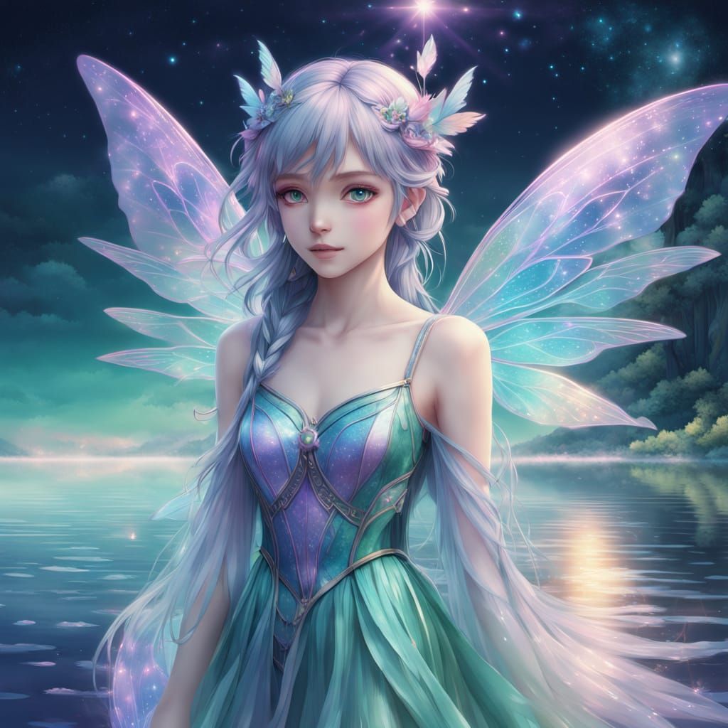 Romantic Anime Fairies Under Starry Lake Skies