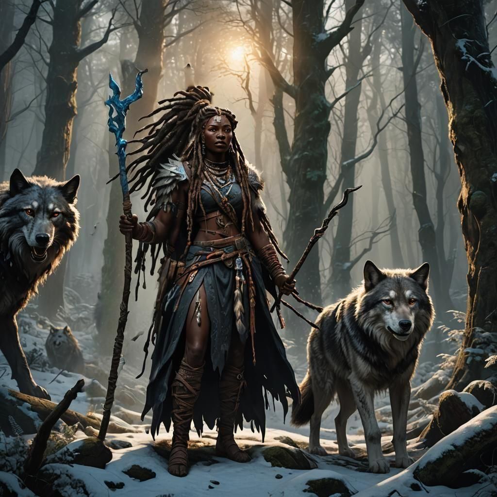 Dark-Skinned Druid with Wolf Familiar in Diablo Style