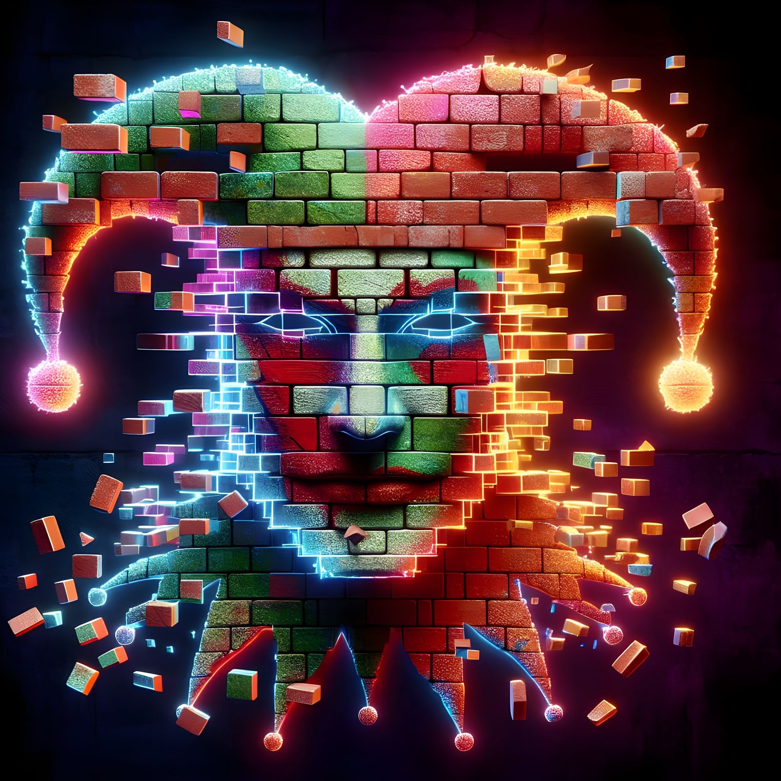 Neon Jester Face Collapsing Like Brick Wall