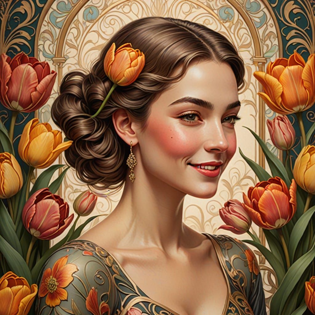 Elegant Woman with Whimsical Tulip Tattoos in Art Nouveau St...
