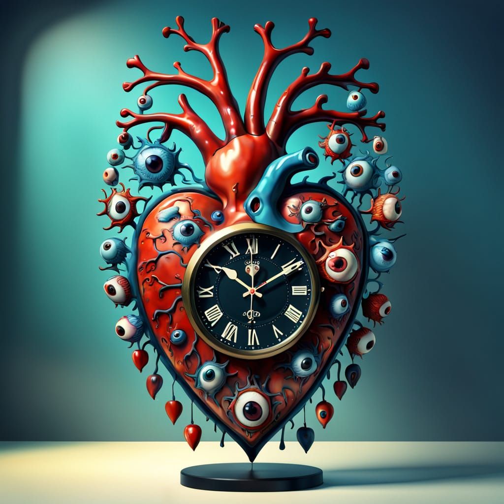 Surrealistic Heart Clock in a Sea of Eyeballs