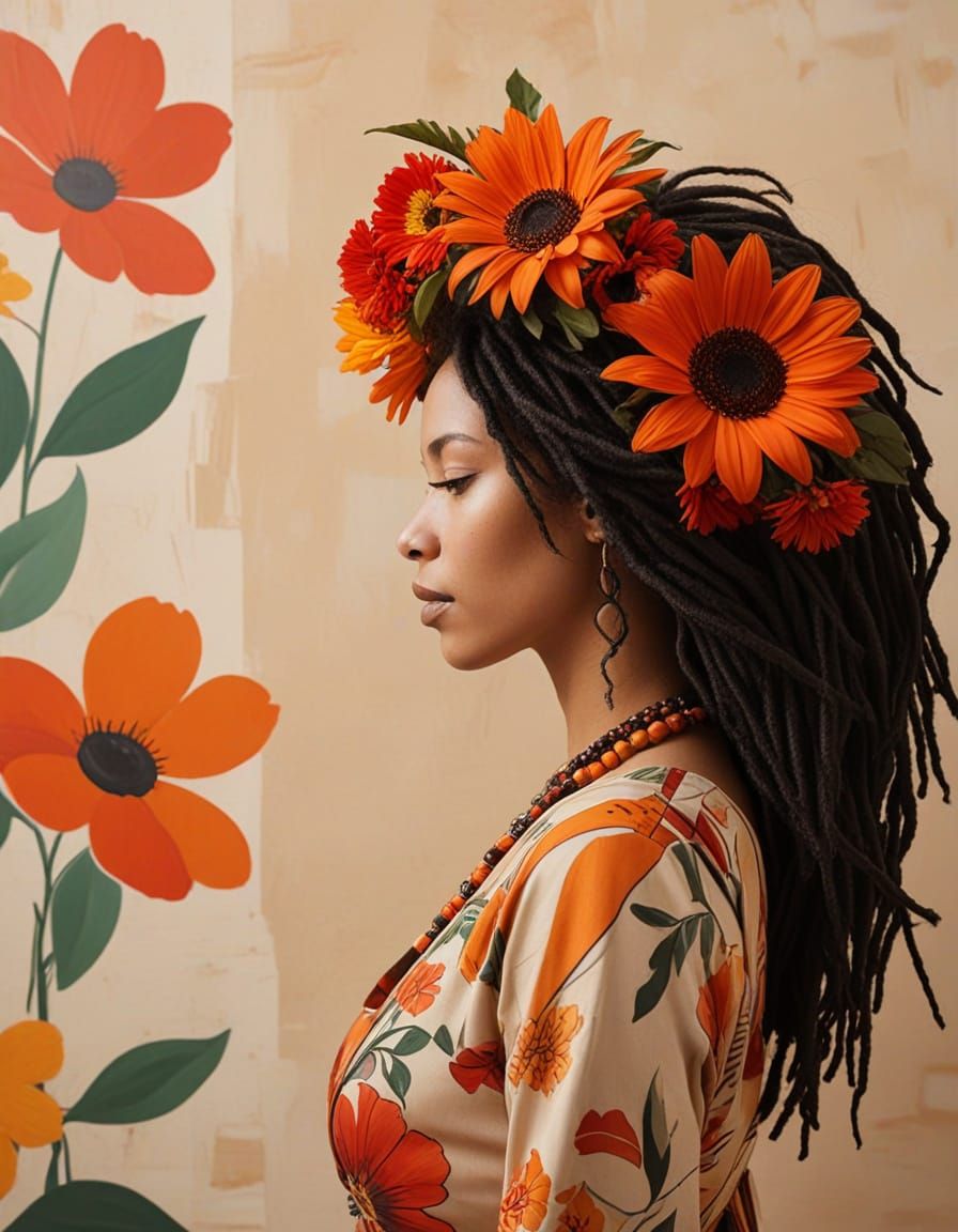 Stylized Rasta Woman Portrait in Folk Art Style