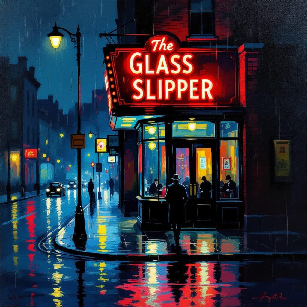 Neon "The Glass Slipper" Club on Rainy Noir Street