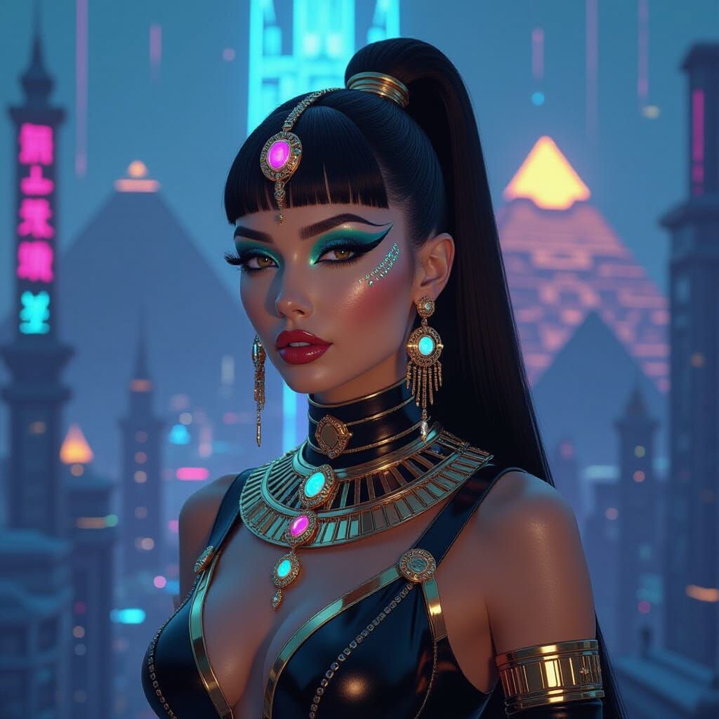 Futuristic Cleopatra in Cyberpunk Metropolis