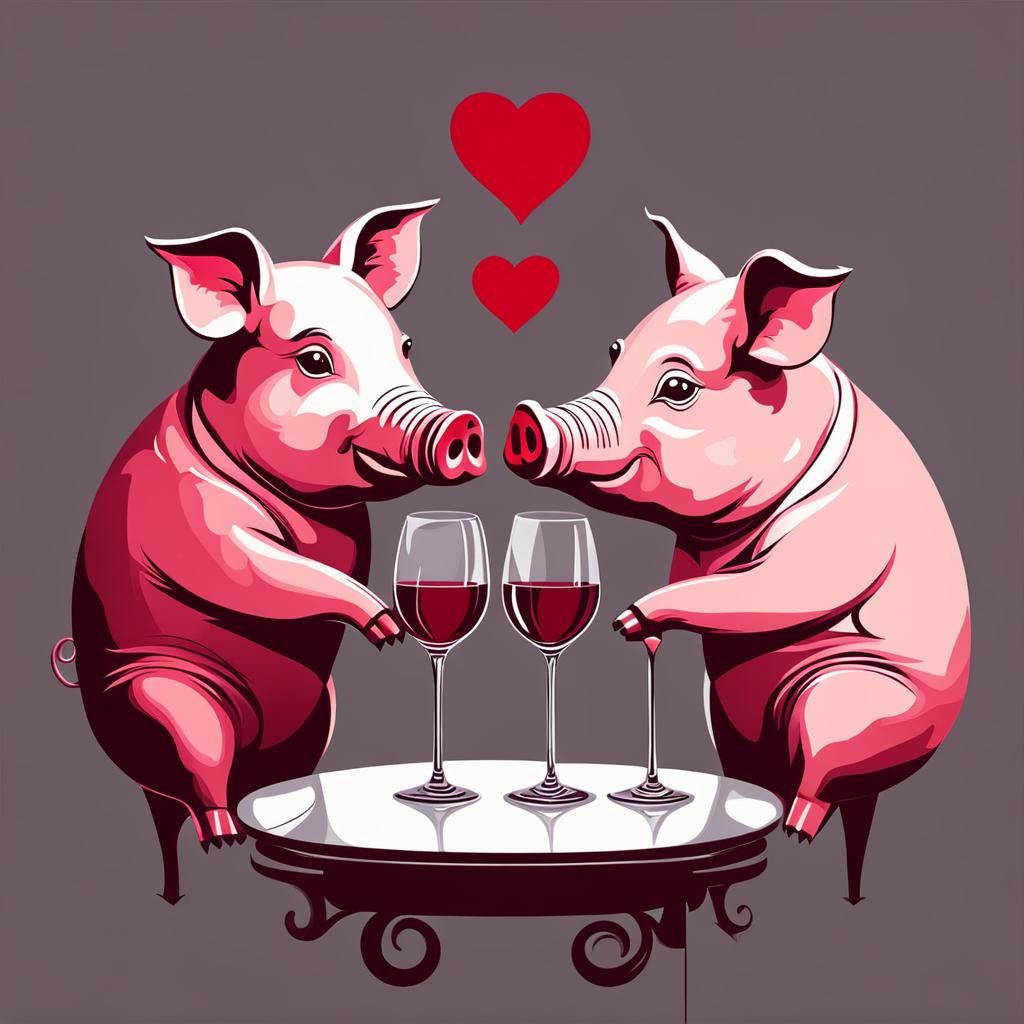 Romantic Anthropomorphic Pigs in Love with Wine