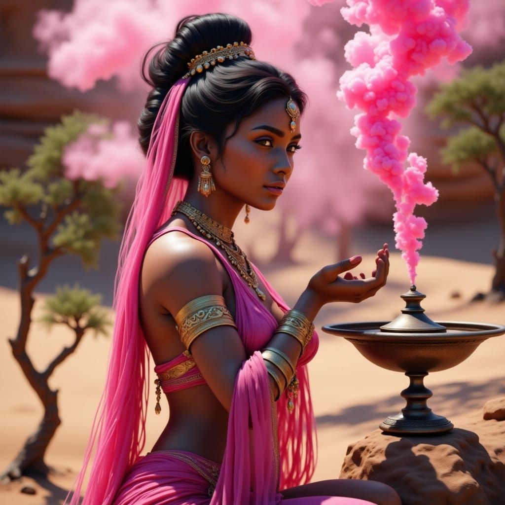 Genie Emerges From Lamp At Desert Oasis