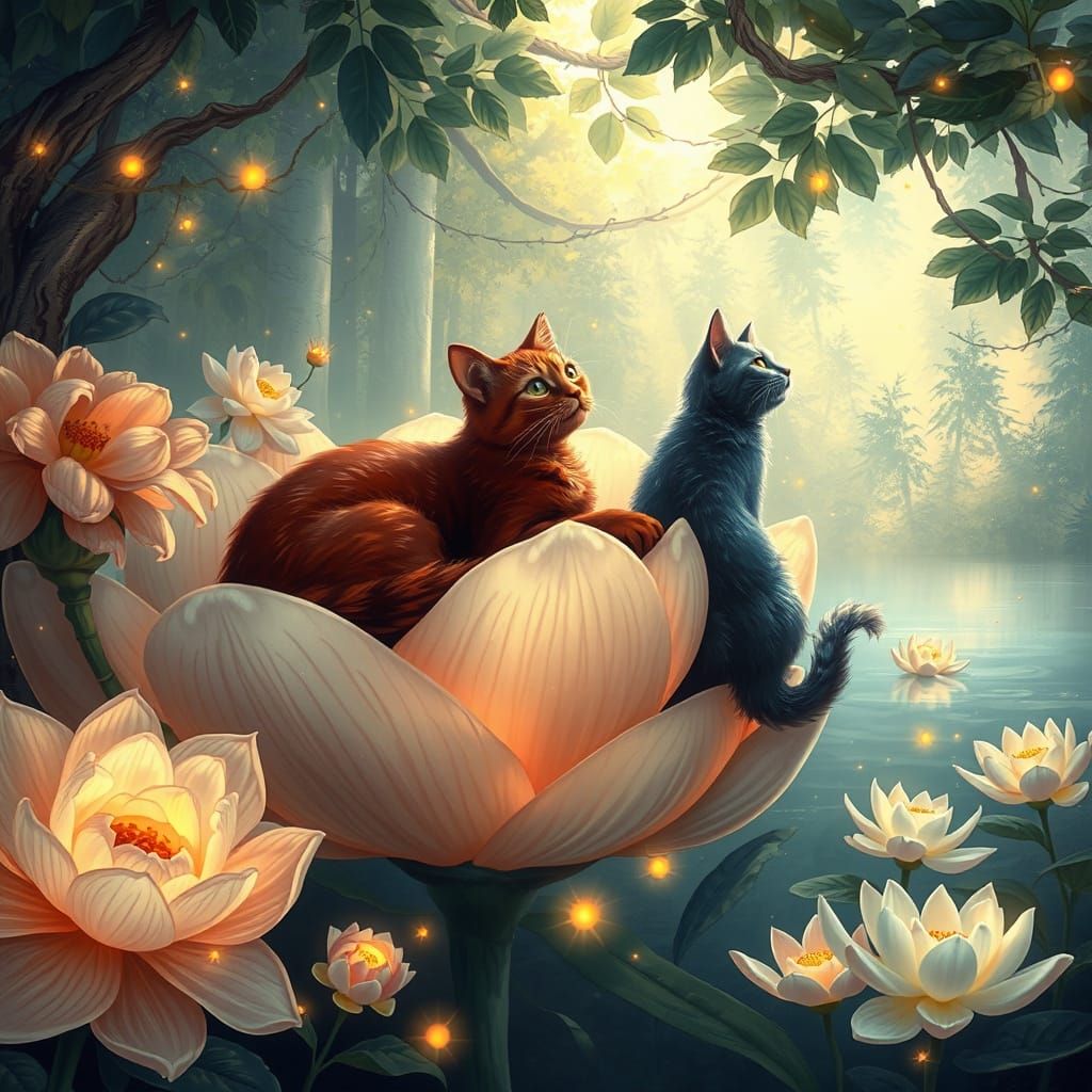 Enchanting Whimsical Florals with Two Serene Feline Friends