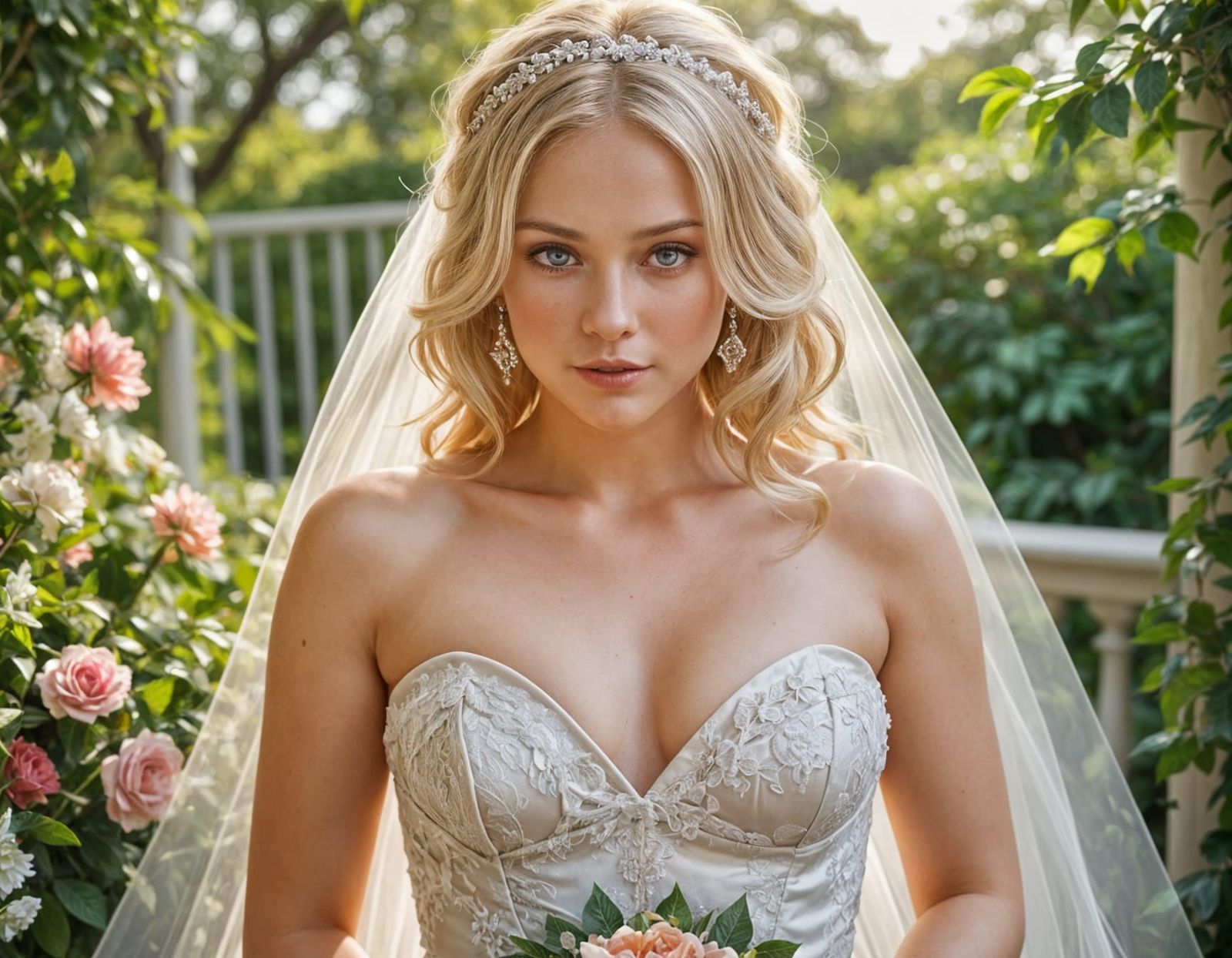 Hermosa novia rubia de ojos azules con vestido strapless de satín y escote de corazón. El fondo es un bello jardín.