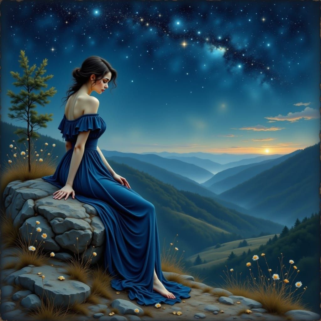 Melancholy Woman in Starry Valley, Art Nouveau Style