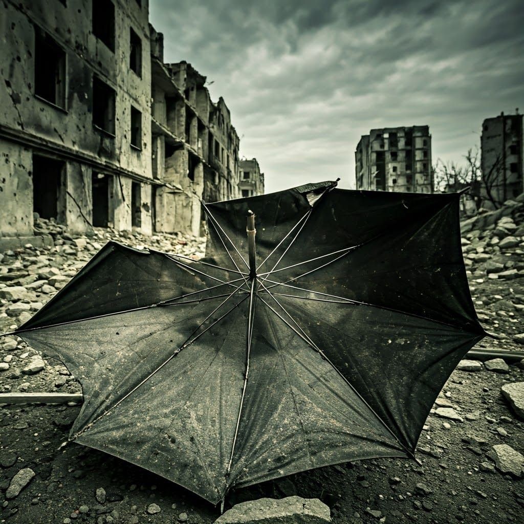 Battered War Umbrella Amidst Ruin