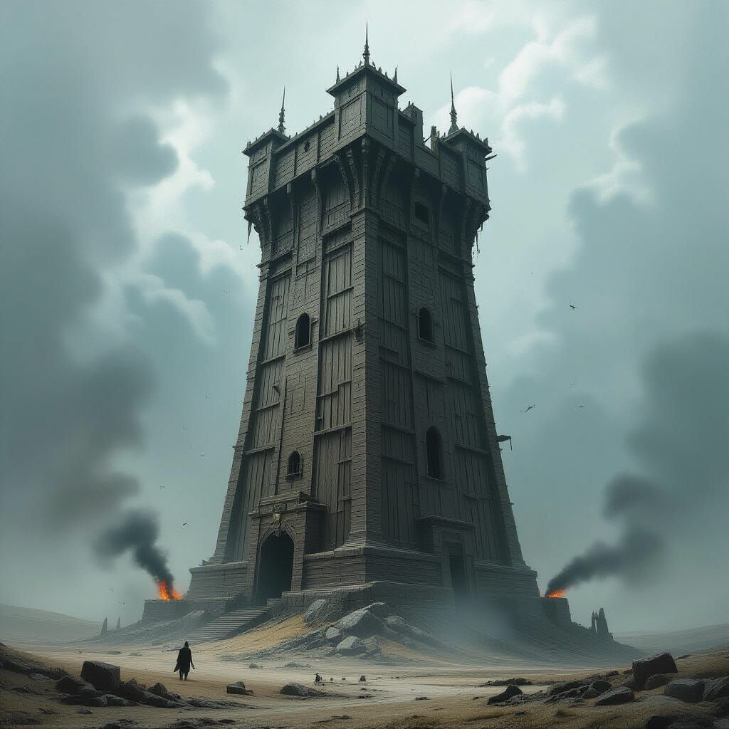 Grand Wooden Tower Under Siege in Dark Fantasy Style
